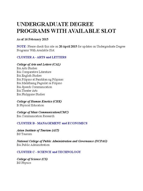UP Diliman Undergraduate programs with available slots.